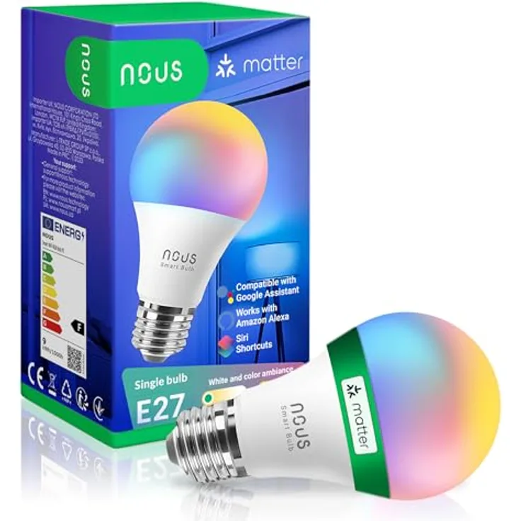 NOUS P3 Smarte WIFI Glühbirne RGB E27, Kompatibel mit Matter, Alexa, Home Assistant & Apple HomeKit, LED Lampe Farbwechsel, 2.4 GHz WiFi