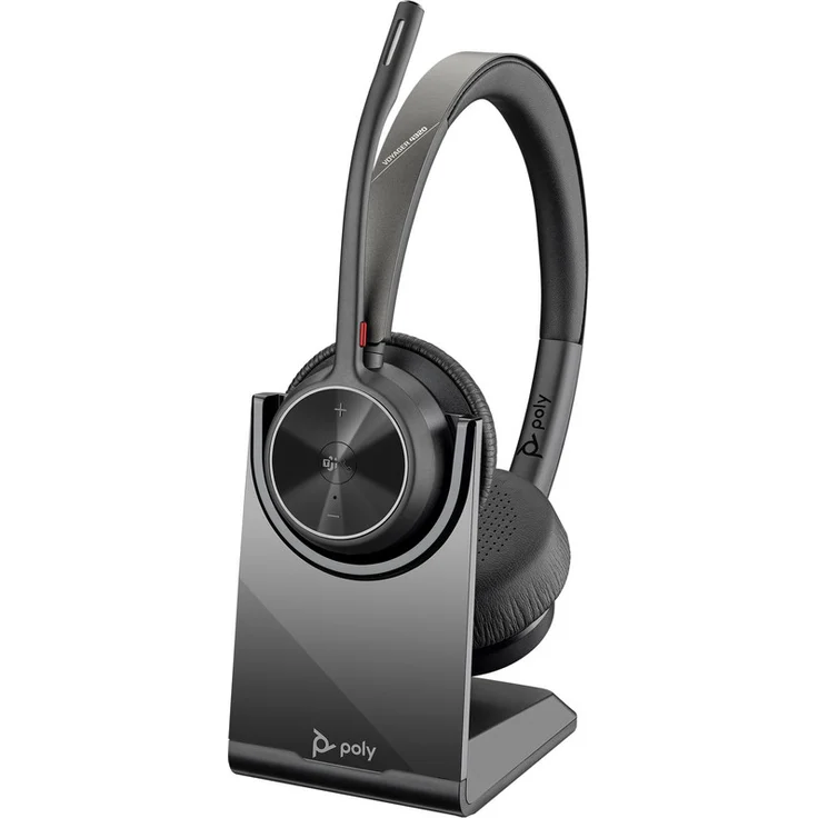 Poly Voyager 4320 UC, Stereo Bluetooth Headset mit Noise Cancelling Mikrofon und Ladestation, für Microsoft Teams, inkl. Multipoint-Konnektivität und USB-A-Anschluss