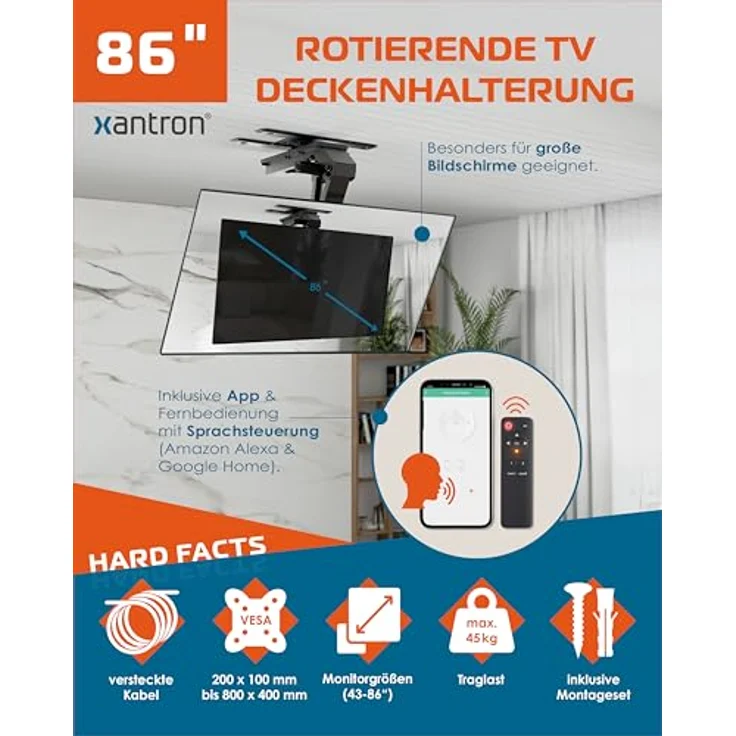 Xantron DEHA-800EXL-Roto, Elektrische motorisierte WiFi Deckenhalterung, klappbar und drehbar für TV Monitore 43 - 86", mattschwarz, VESA-kompatibel – Bild 2