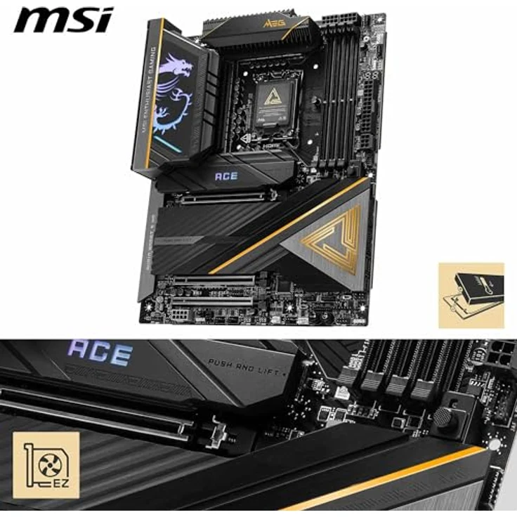 MSI MEG Z890 ACE Mainboard, ATX - Unterstützt Intel Core Ultra Prozessoren (Series 2), LGA 1851-110A SPS VRM, DDR5-Speicher (9200+MT/s OC), PCIe 5.0 & 4.0 x16, M.2 Gen5, Thunderbolt 4, Wi-Fi 7 - Schwarz – Bild 3