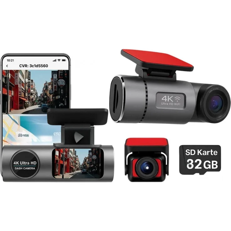 Goldstern-Tech Dashcam 4K Ultra HD, GPS, WLAN, Nachtsicht & Parkmodus, 1080P Rückkamera, 32GB SD-Karte