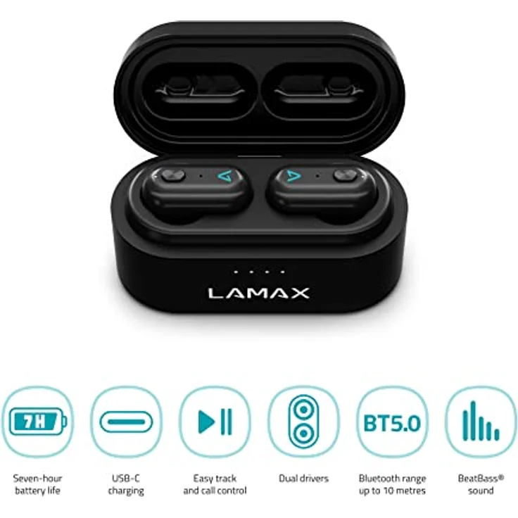 Lamax Duals1 Bluetooth Kopfhörer 5.0 USB-C, In Ear Kopfhörer mit Dual-Treiber, Bis zu 28 Stunden Hördauer, Aluminiumgehäuse mit Batterieanzeige, 3 Stöpselgrößen, Passive Geräuschunterdrückung – Bild 4