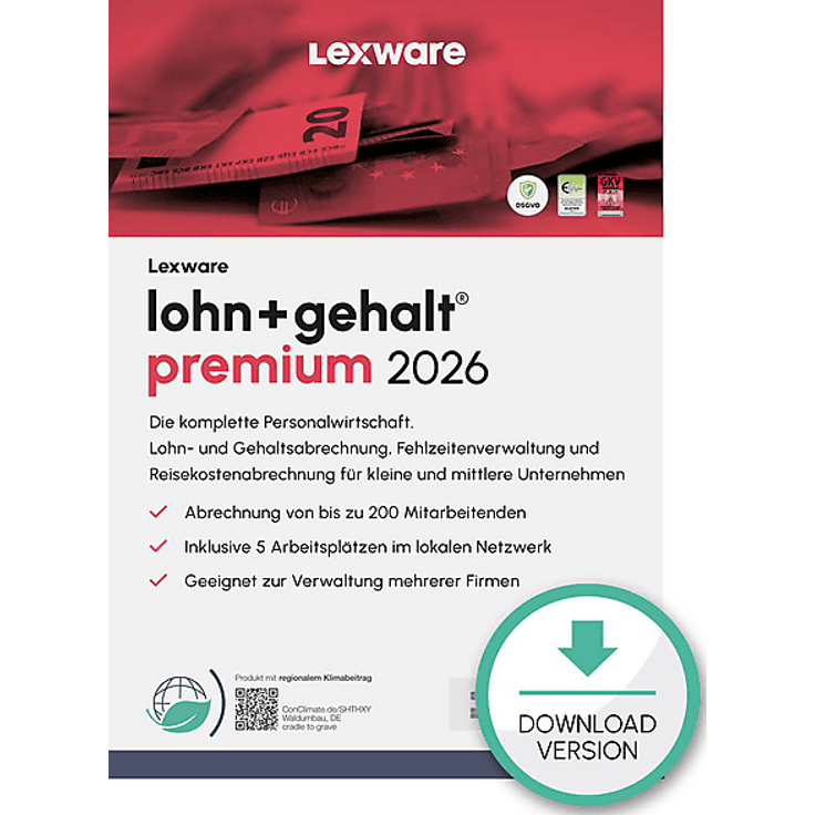 LEXWARE LOHN+GEHALT PREMIUM 2026 (365-TAGE) - Lohnabrechnungssoftware für bis zu 200 Mitarbeiter mit Reisekostenabrechnung und leistungsstarker Sybase-Datenbank
