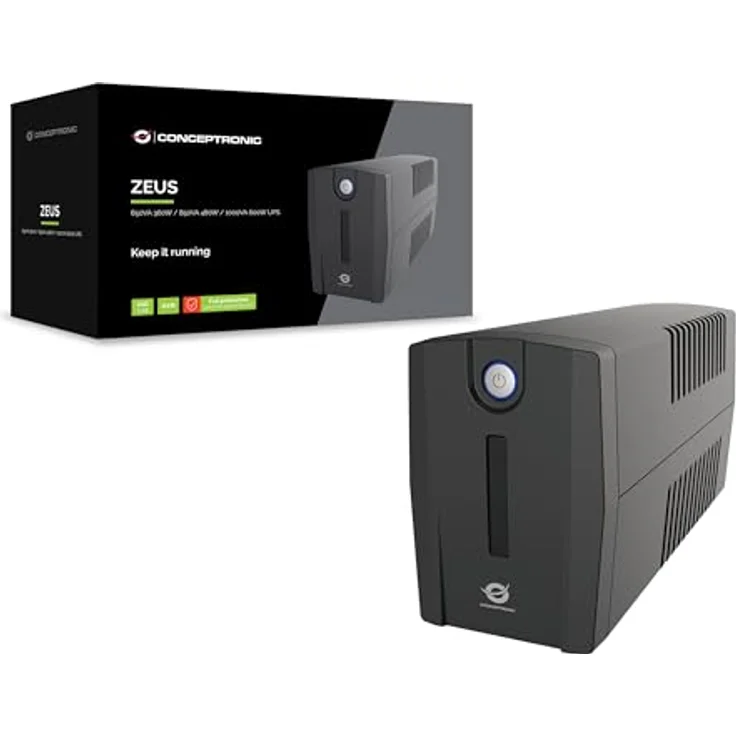 Conceptronic ZEUS07ES 1000 VA 600 W USV, HID USB, AVR, Schuko x 2, RJ45 EIN-/Ausgang, schwarz – Bild 1