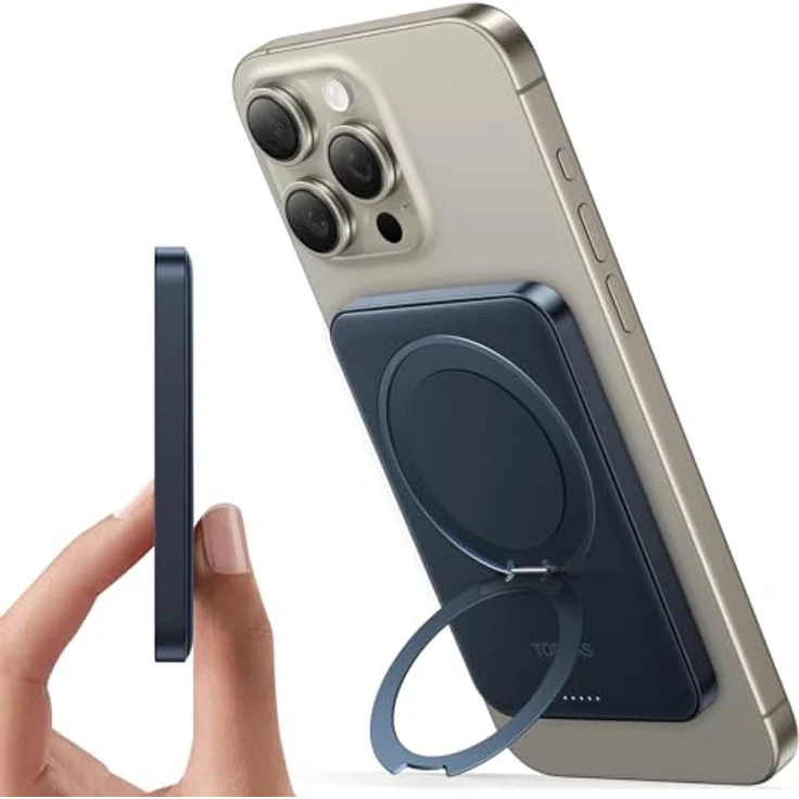 TORRAS Dünn Power Bank für Magsafe Powerbank Klein 5000mAh mit 360° Ostand Ring für iPhone 15/14/13/12 Serie Magnetische Wireless Slim Externe Handyakkus USB C Schnelles Laden - Schwarz – Bild 1