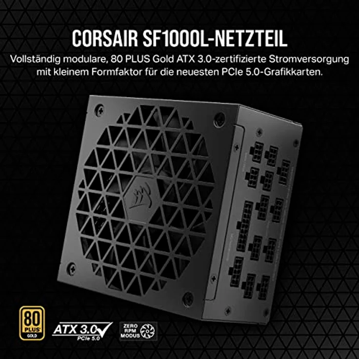 Corsair SF1000L Vollmodulares, Geräuscharmes SFX-Netzteil - ATX 3.0- Und PCIe 5.0-Kompatibel - Leiser 120-mm-PWM-Lüfter - 80 Plus Gold-Effizienz - Null-Drehzahl-Modus - 105°C-Kondensatoren - Schwarz – Bild 2