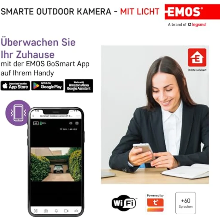 EMOS GoSmart - Smart Home Outdoor Überwachungskamera mit Licht - 3MP Rotierende WLAN IP Kamera - Nachtsicht und Sirene - Google Assistant und Alexa kompatibel - wasserdicht - weiß – Bild 4