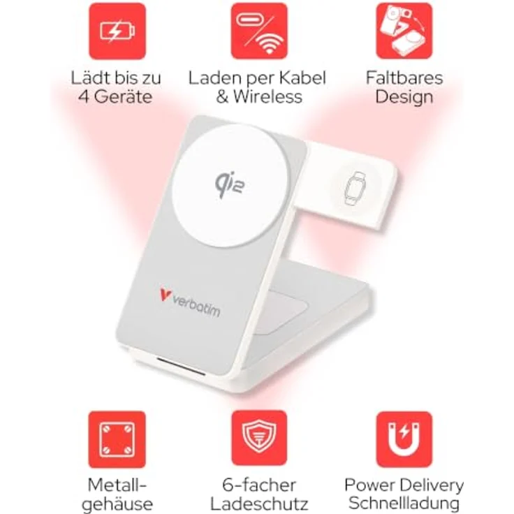 Verbatim Charge ’n’ Go Qi2 32296 Powerbank, 10000 mAh, Lithium Polymer, Power Delivery 3.0, kabelloses Aufladen, 30 W, Weiß – Bild 2