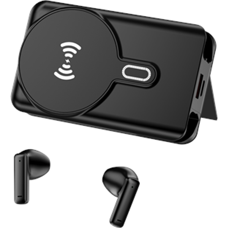 DENVER Powerbank mit Bluetooth Earbuds, 5000 mAh, kabelloses Laden, schwarz