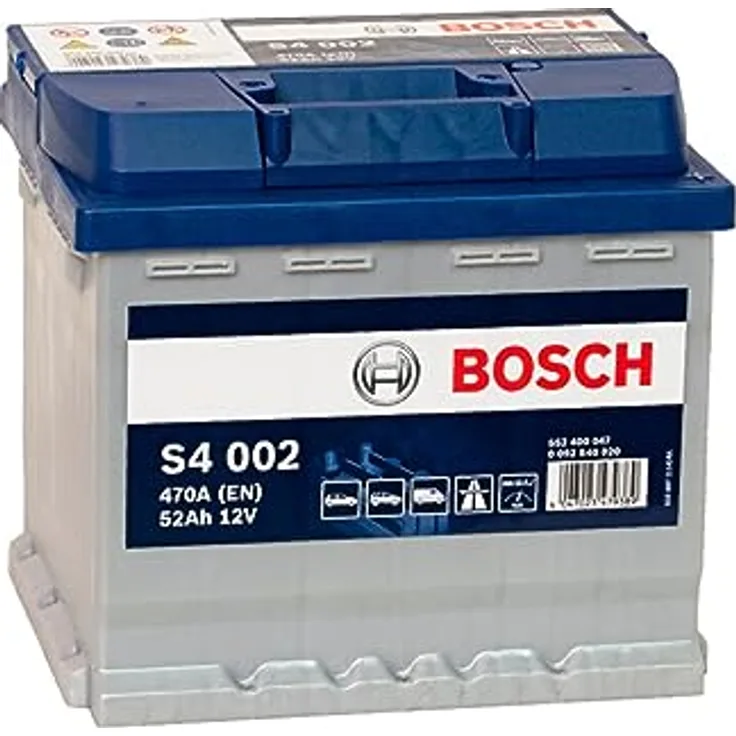 Bosch S4 002 Autobatterie 12V 52Ah 470A, wartungsfreie Säurebatterie für Kleinwagen und Mittelklasseautos