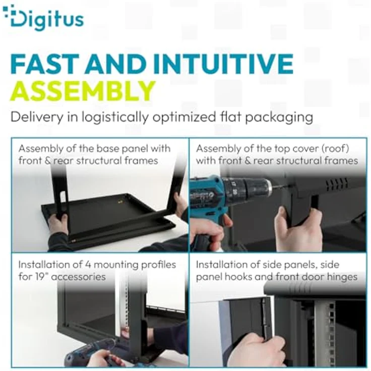 DIGITUS Netzwerkschrank 19-Zoll Rack 7HE, unmontiert, Wandmontage, 450 mm Tiefe, Glastür, Dynamic-N Serie, Schwarz, 60 kg Traglast – Bild 3