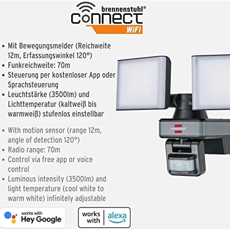 Brennenstuhl Connect WiFi LED Duo Strahler WFD 3050 P (30W, 3500lm, IP54, diverse Lichtfunktionen über App steuerbar, Außenstrahler zur Wandmontage mit Bewegungsmelder) – Bild 2