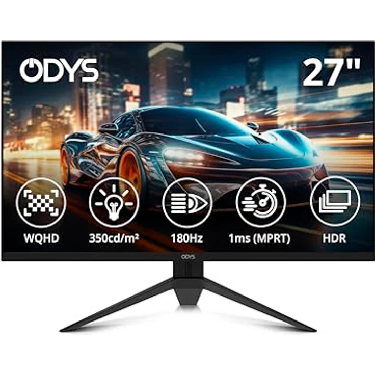 Odys i27-Q-180 - 27 Zoll Gaming Monitor (WQHD, 180 Hz, 1 ms Reaktionszeit, Fast IPS Panel, FreeSync, HDMI, Display Port, 3,5mm Kopfhöreranschluss) in Schwarz – Bild 1