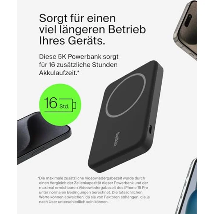 Belkin BoostCharge Pro, kabellose Powerbank 5000mAh mit Qi2, MagSafe-kompatibel, integrierter Ständer, passend für iPhone 16, 15, 14, 13, 12 – Schwarz – Bild 3