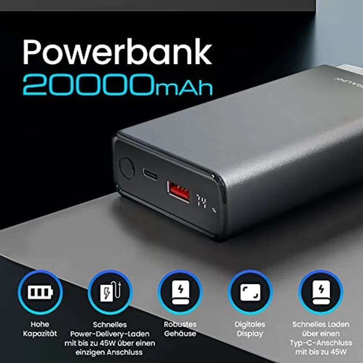 Powerbank 20000mAh Powerbank Schnellladefunktion bis zu 45W PD Power Bank USB C 20000mAh Robustes Gehäuse Lithium-Polymer-Akku Fast Charge Digitale Anzeige Externe Handyakkus – Bild 3