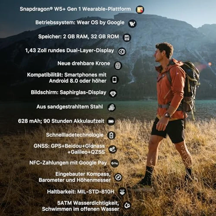Ticwatch Atlas Smartwatch für Männer Android Wear OS Outdoor 90 Std. Akku 110+ Trainingsmodi Heatmap Sturzerkennung - Stahl/Saphirglas - Schwarz – Bild 2