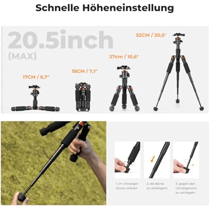 K&F CONCEPT Mini Stativ S225A1+BH-25, kompaktes Tischstativ mit 360° Kugelkopf, max. Belastung 6 kg, Höhe bis 52 cm, inkl. Handyhalterung, kompatibel mit Canon/Sony/Nikon/Fujifilm – Bild 4