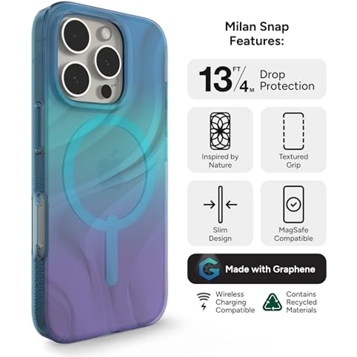ZAGG Milan Snap, Graphen-verstärkte Hülle für iPhone 16 Pro [6.3-Inch], MagSafe-kompatibel, schlankes Design, stoßfest, Rückabdeckung (Tiefes Aurora) – Bild 3