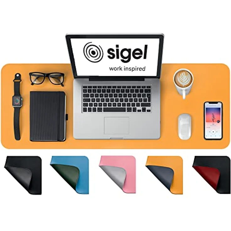 SIGEL SA601 Schreibtischunterlage - rollbar - wasserdicht - rutschfest - hochwertiges Lederimitat - gelb, grau - doppelseitig - 80 x 30 cm – Bild 1