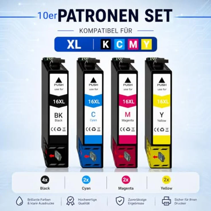 Druckerparadies 10er Multipack Epson 16XL Tintenpatronen, Schwarz, Cyan, Magenta, Gelb, hohe Kapazität, kompatibel mit WF2010, WF2510, WF2520, WF2530, WF2540, WF2630, WF2650, WF2660, WF2750, WF2760 – Bild 2