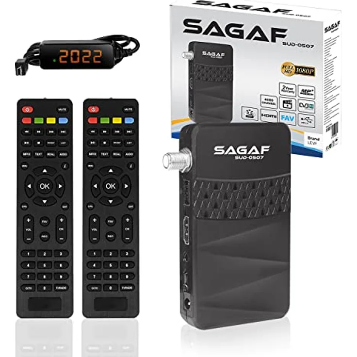 LEYF & Sagaf SUD-0507 Mini Sat Receiver - DVB-S2 - Satelliten Receiver - Full HD 1080p Digital Receiver (HDTV, Scart, USB) Astra Hotbird Türksat - 2X Fernbedienung, SUD-0507 + 2X Fernbedienung – Bild 1