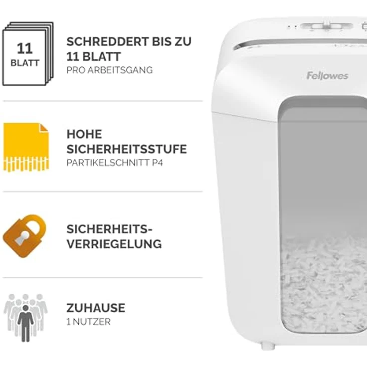 Fellowes Aktenvernichter 11 Blatt (P4), Powershred LX70, 18L Papierkorb, Sicherheitssperre, 4x40mm Cross-Cut, Schwarz. – Bild 2