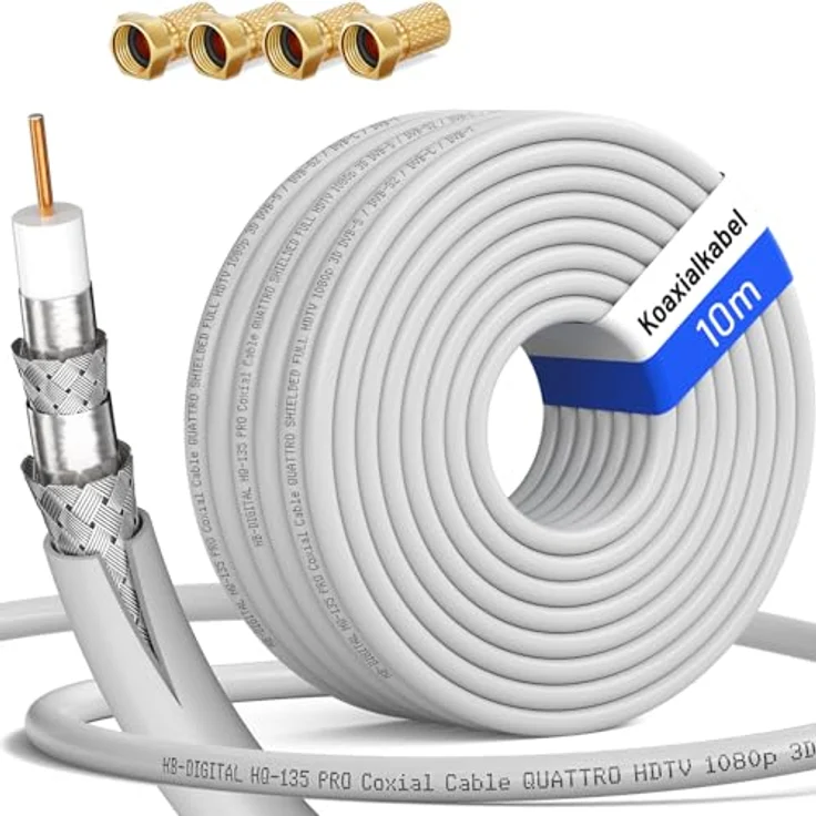 135dB 10 m Koaxial SAT Kabel HQ-135 PRO 4 x geschirmt für DVB-S/S2 DVB-C und DVB-T BK Anlagen + 4 vergoldete F-Stecker SET Gratis enthalten – Bild 2