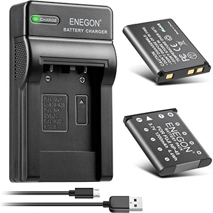 ENEGON Ersatzbatterie (2er Pack) und Rapid Dual Ladegerät für NP-45 NP-45S Fujifilm INSTAX Mini 90 und FinePix XP50 XP60 XP70 XP80 XP90 XP120 XP130 XP140 T350 T360 T400 T500 T510 T550 JX500 JX520