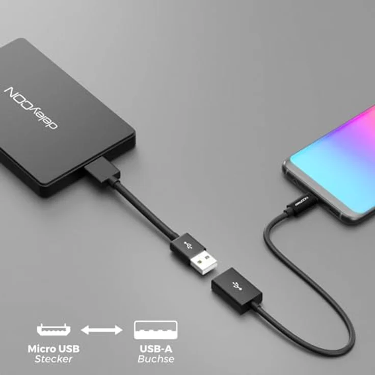 deleyCON 10cm Micro USB OTG Adapter Kabel mit USB-A Buchse, Nylon, Schwarz, 480 MBit/s Übertragungsgeschwindigkeit – Bild 4