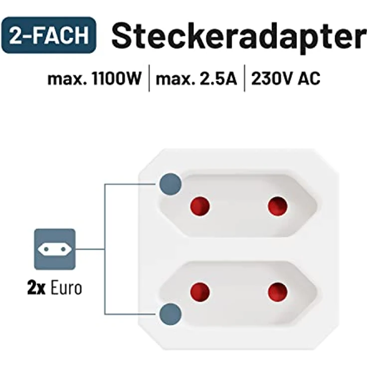 greate 3X Doppelstecker für Steckdose 2fach bis zu 1100W - Steckdosenadapter 2fach weiß, zweifach Steckdosenadapter, Stecker 2fach, Doppelsteckdose, Steckdosen Adapter 2 Fach, Eurostecker Verteiler – Bild 3
