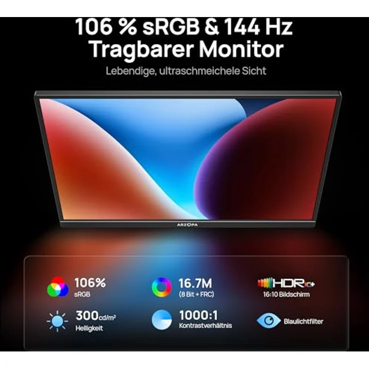 ARZOPA Z1FC 16.1'' Tragbarer Monitor, 144Hz FHD HDR, 106% sRGB, Ultra-dünn mit Standfuß, Augenschutz, USB-C und HDMI, für Laptop/PC/Mac/PS3/4/5/Xbox – Bild 2