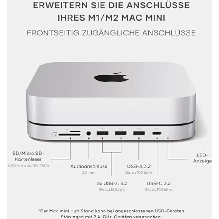 SATECHI Mac Mini Hub & Ständer mit SSD-Gehäuse Silber für NVME & SATA M.2, USB C 10 Gbit/s, 3 USB A 5/10 Gbit/s, 2.0 Audio-Buchse, für Mac Mini M2/M1, Mac Studio – Bild 3