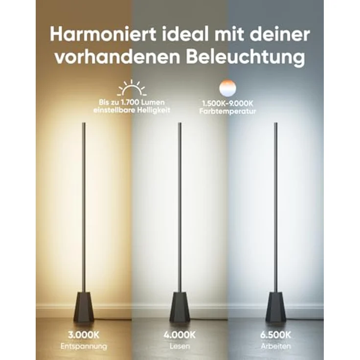 eufy Security Zimmer-Stehlampe E10, RGBWW LED, 16 Mio. Farben, 1700 Lumen, Google kompatibel, KI-Lichtthemen, Musikmodus, Schwarz – Bild 4