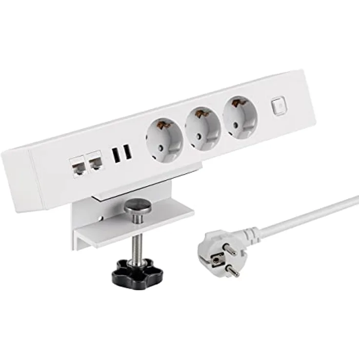 maxtrack Tischsteckdose NV62L 3-Fach Schutzkontakt mit 2X USB und 2X LAN Anschluss, Mehrfachsteckdose für Zuhause mit Tischbefestigung, Knopf zum EIN- und Ausschalten, Steckdosenleiste mit 1,8m Kabel