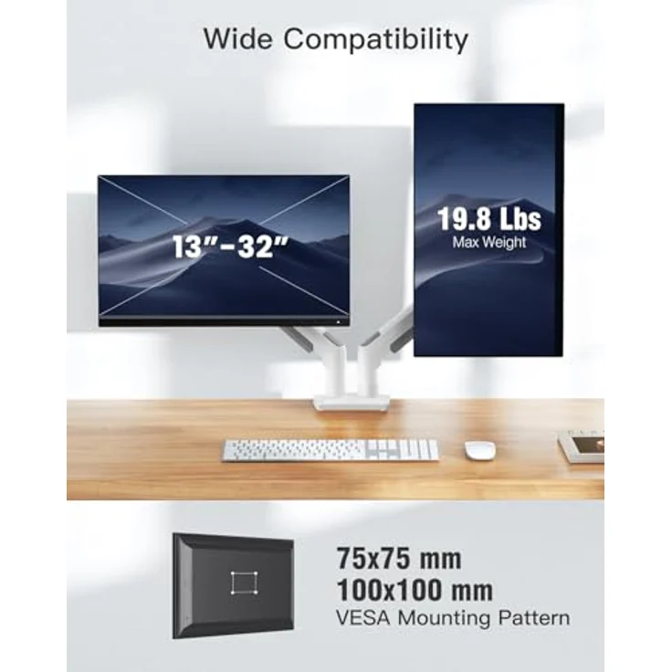 HUANUO Monitor Halterung 2 Monitore für 13 bis 32 Zoll, 360° Drehbar, VESA 75 & 100, mit 2 Montageoptionen, weiß – Bild 3