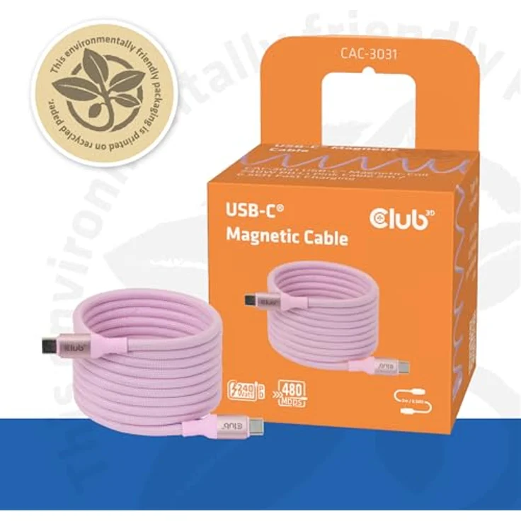 Club3D CAC-3031 USB-C® Magnetspule 240W PD3.1, Rosa Kabel 2m mit selbstaufrollendem Design und E-Marker-Chip für Schnellladung – Bild 2