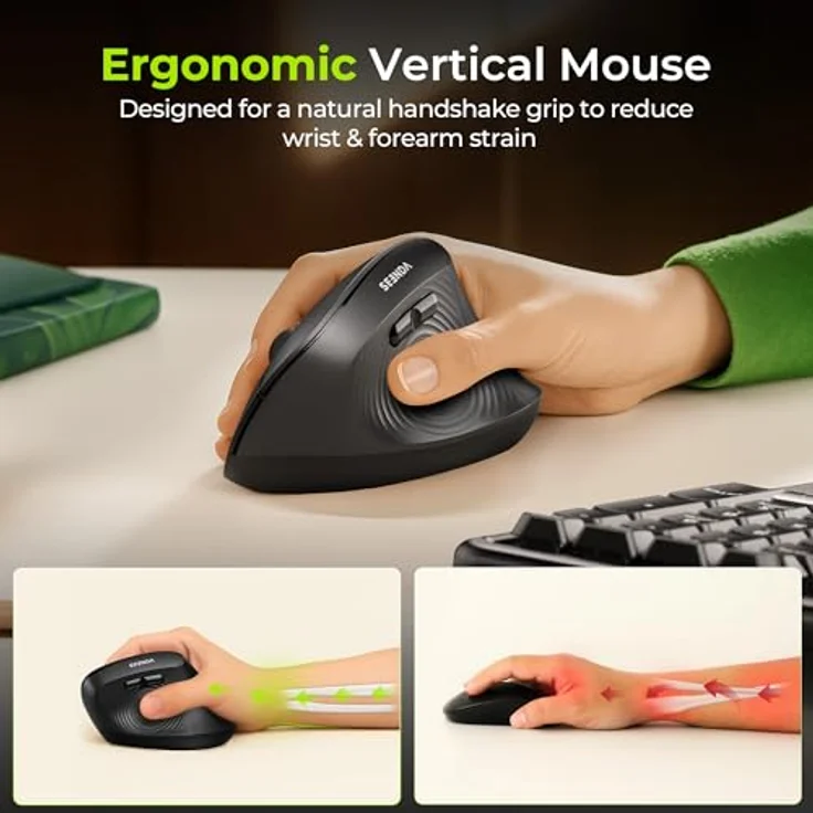 seenda MOU200 Ergonomische Vertikale Maus, Kabellos via USB + Dual-Bluetooth, Multi-Device Wireless Mouse für bis zu 3 Geräte, Schwarz – Bild 3