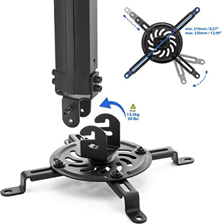 deleyCON Universal Beamerhalterung, Deckenhalterung schwarz, neigbar ±15°, drehbar 360°, höhenverstellbar 380-580mm, bis 13,5kg belastbar, mit Kabelführung – Bild 3