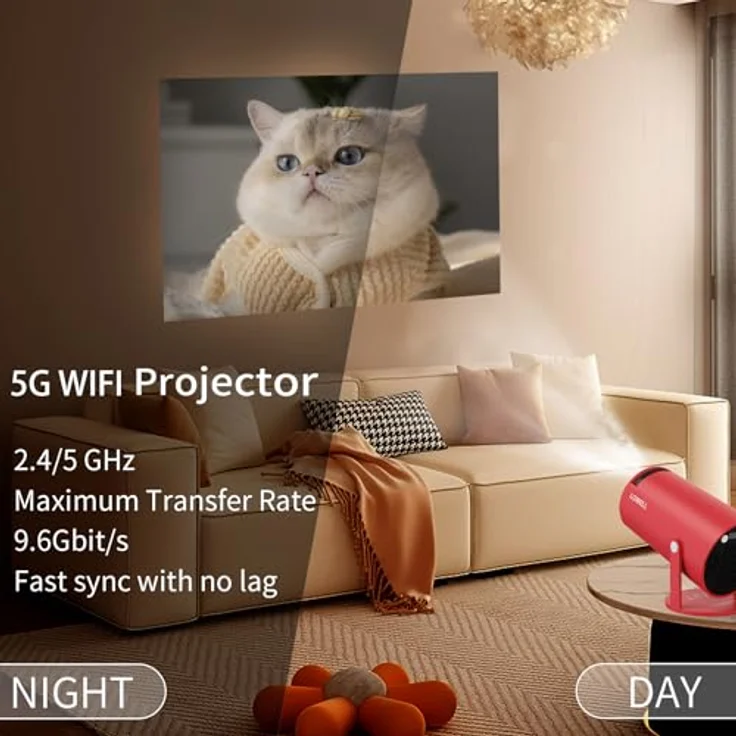 LQWELL® Mini Beamer, 4K Projektor mit 5G WiFi, BT5.0, 130-Zoll-Display, Automatische Trapezkorrektur, HDMI, Rot – Bild 2