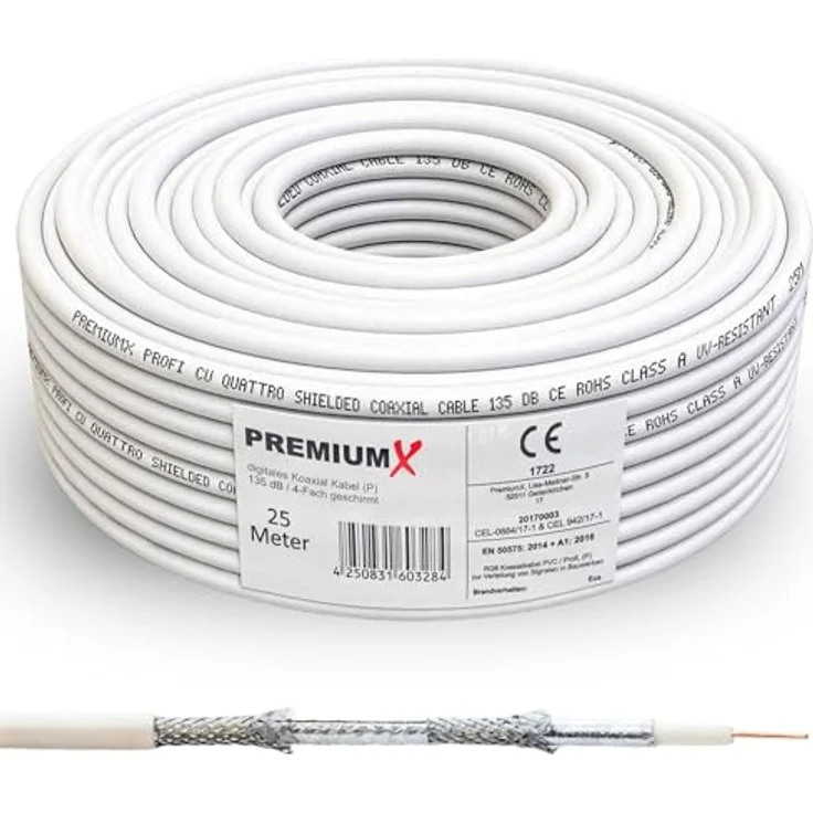 Premium X 25m Profi Koaxialkabel, FullHD 4-Fach SAT Antennenkabel mit 135dB Kupfer-Innenleiter für DVB-S/S2, DVB-C, DVB-T – Bild 1