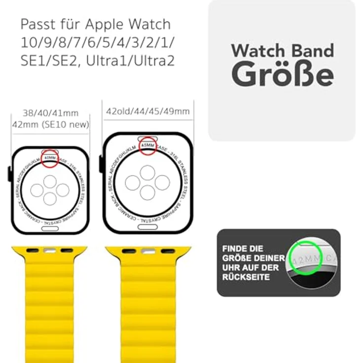 NALIA Core Magnet Armband für Apple Watch Ultra/SE/10/9/8/7/6/5/4/3/2/1, Atmungsaktives Silikon Loop mit Rillendesign, Farbe: Nachtschwarz Gelb, 42/44/45/46/49mm – Bild 2