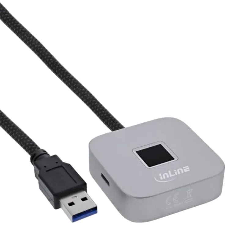 InLine® USB Fingerabdruckscanner mit Hub, Windows Hello, 1,5 m, silber, 10 Fingerabdrücke, Plug-and-Play, hohe Datensicherheit