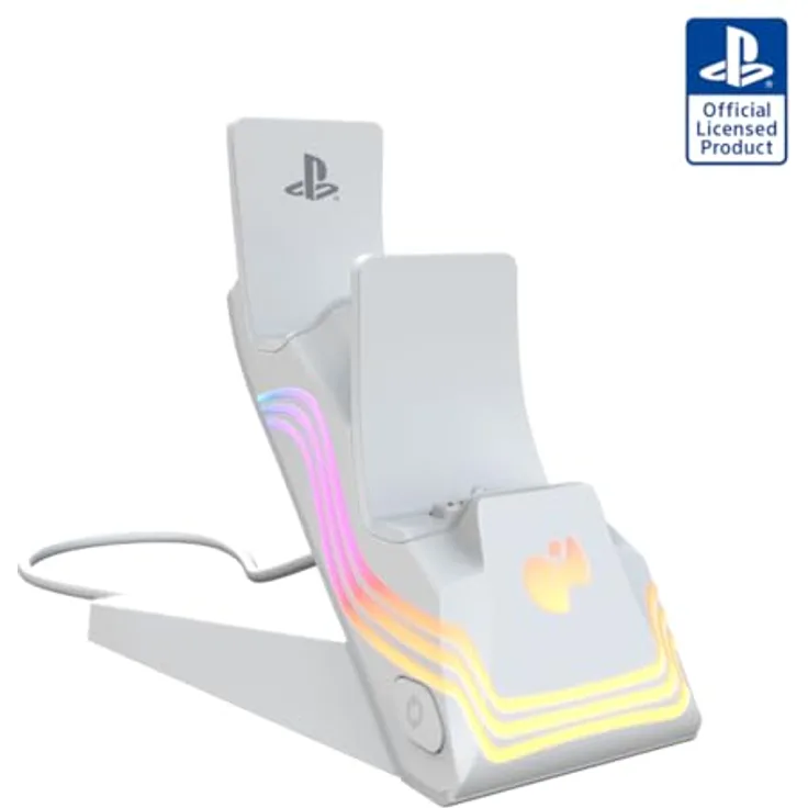 PDP LLC PlayStation 5 White Afterglow™ Wave Dual Charger, Ladestation mit RGB-Beleuchtung und App-Steuerung, Weiß