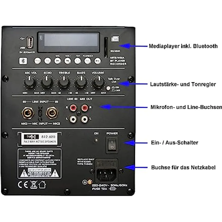 E-Lektron JAD30-B Sound-Anlage USB/SD & Bluetooth Soundsystem, 400W RMS Bi-Amp Enstufe in stabilem Kunststoffgehäuse, schwarz – Bild 5