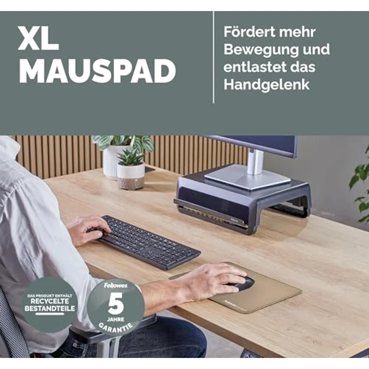 Fellowes Breyta Ergonomisches Mauspad Extra Groß, Sand – rutschfeste Gummibasis, strapazierfähige Nähte, Microban-Schutz, umweltfreundlich, für optische & Laser-Mäuse geeignet – Bild 2
