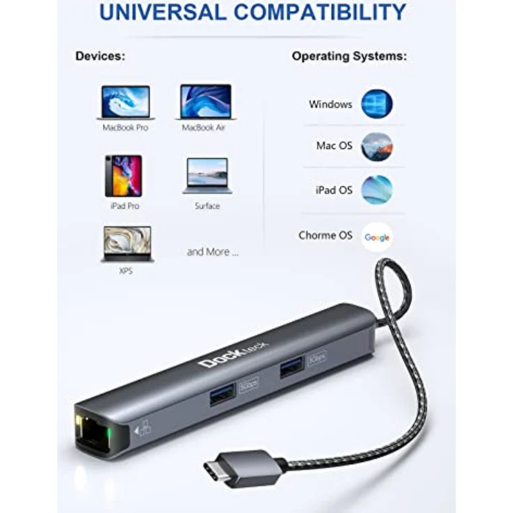 dockteck USB C Hub HDMI 4K 60Hz, 6 in 1 Docking Station mit 100W Power Delivery, RJ45 Ethernet, 2 USB-C und 2 USB 3.0 Ports, für MacBook Pro/Air M1/M2, iPad Pro/Air, Surface Pro – Bild 5