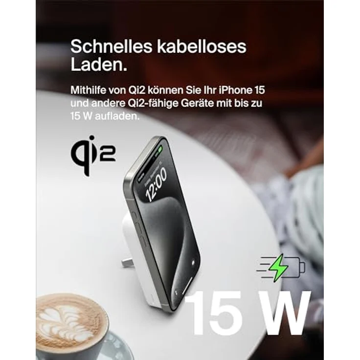 Belkin BoostCharge Pro Kabellose Powerbank 8.000 mAh mit Qi2, MagSafe-kompatibles tragbares Ladegerät mit integriertem Ständer – Weiß – Bild 3