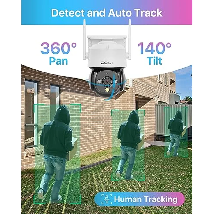 ZOSI 4MP WLAN Überwachungskamera Aussen, Pan/Tilt WiFi Dome Kamera mit KI Personen-/Fahrzeugerkennung, C290 – Bild 3