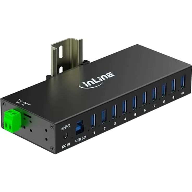 InLine USB 3.2 Gen.1 Industrie-Hub 10 Ports, Aluminiumgehäuse, DIN-Schienen-Montage, aktiver USB-Hub mit Netzteil, 5Gb/s, 35396C – Bild 3