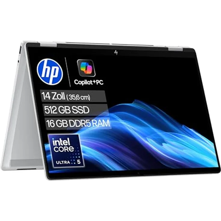HP OmniBook X Flip 14, 2in1 AI Laptop mit Intel Core Ultra 5-226V, 14" WUXGA Touchscreen, 16GB RAM, 512GB SSD, dedizierte NPU für KI, Win11, QWERTZ, Silber